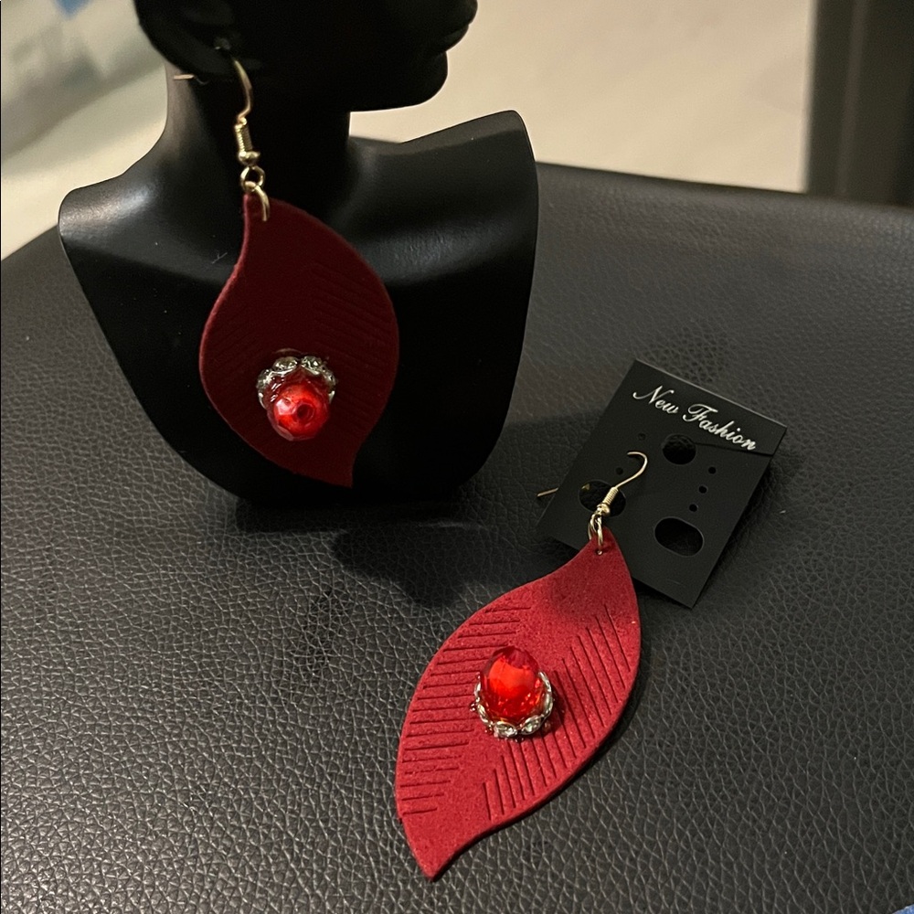 Stylish Red Leaf Earrings with Gemstone